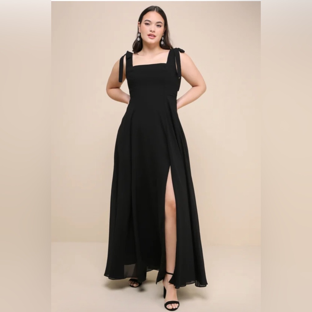 LULUS Love Me Forever Black Tie-Strap Square Neck Maxi Dress EUC